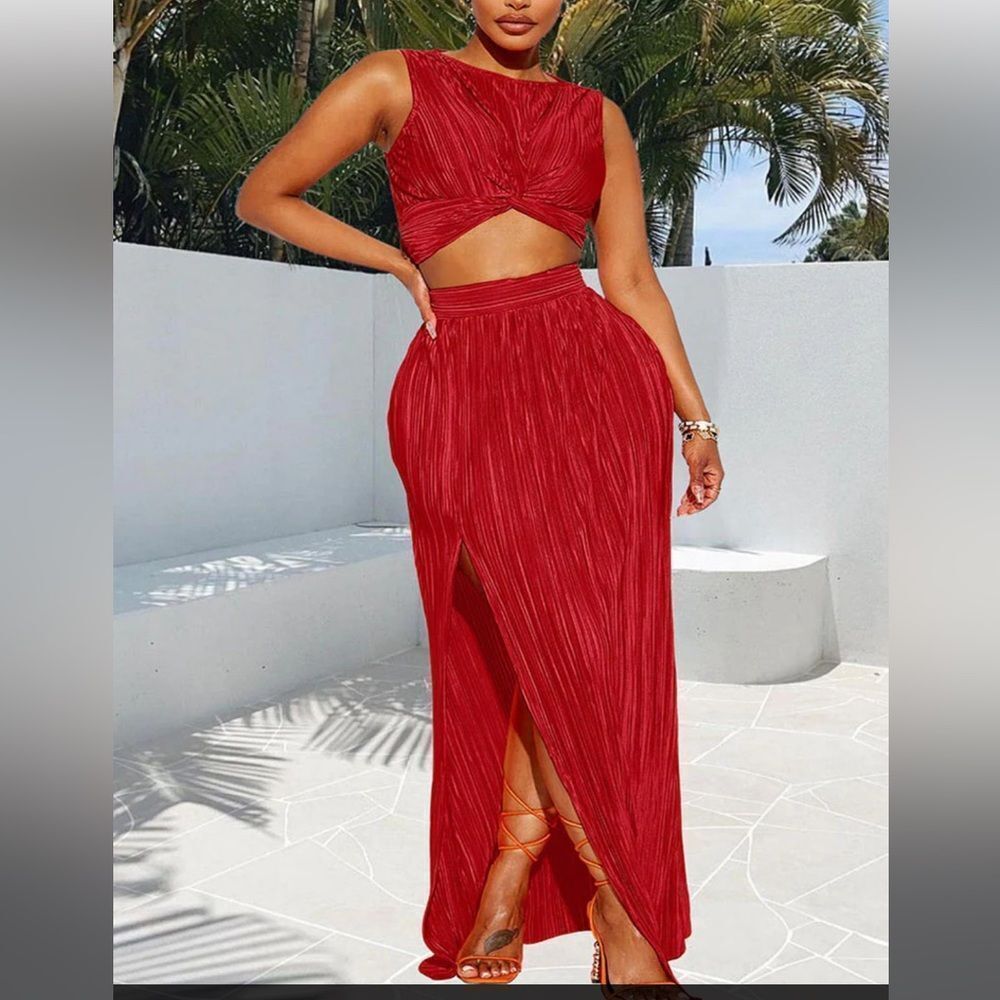 Sleeveless Red Maxi Skirt with Side Slit